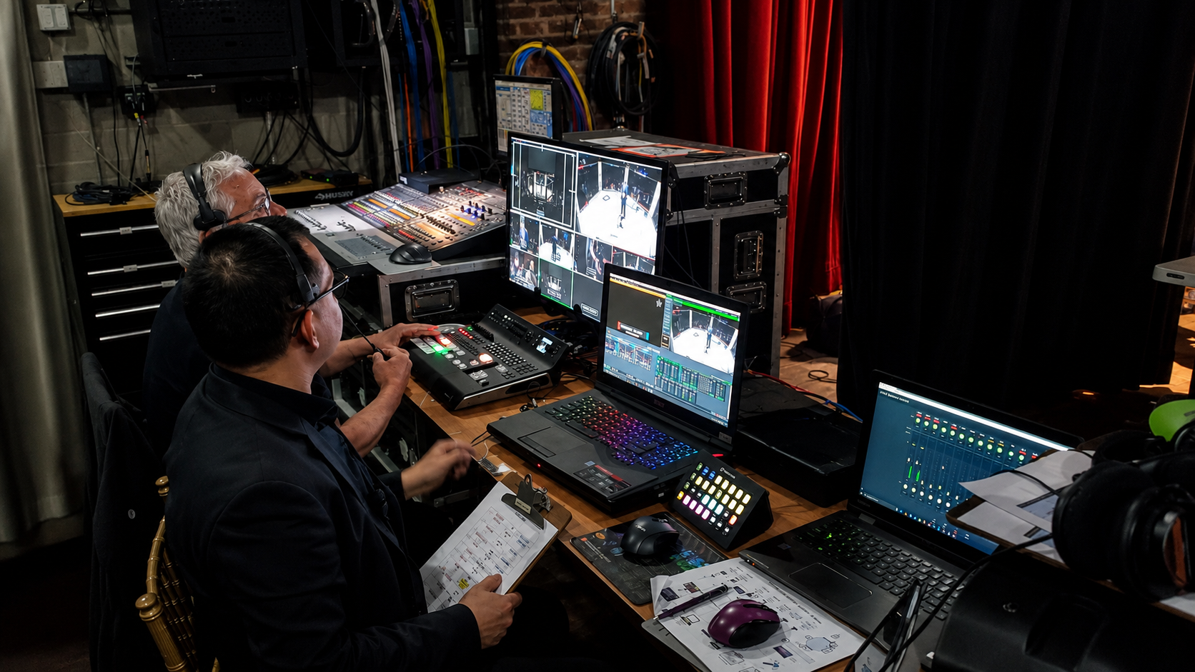The Digital Art Video production team coordinated every technical element from a centralized on-site control area. Digital Art Video production crew operating video switching, streaming, graphics, and audio equipment.